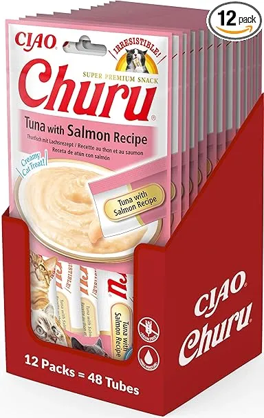 INABA Churu Puree Katzenleckerlis Creamy Snacks Thunfisch & Lachs (56 g (12er Pack)) für 16,10 € inkl. Prime-Versand (statt 23,85 €)