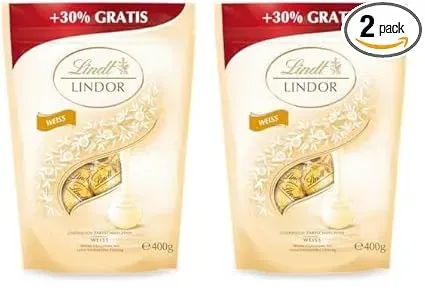 Lindt Schokolade LINDOR Kugeln weiß  400 g  Ca. 30 Schokoladen Kugeln weiße Schokolade mit zartschmelzender Füllung (Packung mit 2) für 12,10 € inkl. Prime-Versand (statt 24,98 €)
