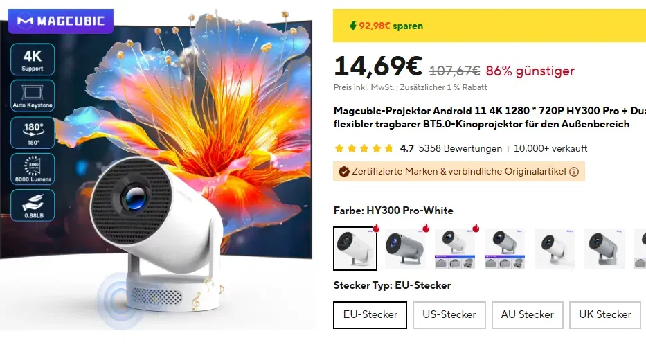 HY300 Projektor (720P, Android 11, Dual Wifi6) für 14,62€ inkl. Versand (statt 32€) -Nur  AliExpress Neukunden!