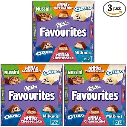 Milka Favourites 3 x 158g I Schoko Pralinen Mix I Einzeln verpackte Pralinen I 6 verschiedene Sorten I Schokoladen-Geschenk (Packung mit 3) (1x158g) für 6,69 € inkl. Prime-Versand (statt 14,97 €)