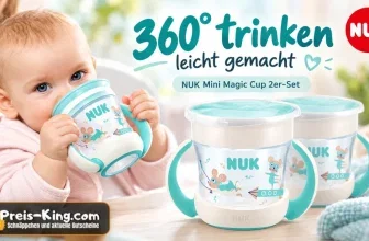 Baby trinkt aus NUK Trinklernbecher, daneben zwei Becher mit Maus-Motiv und 360°-Schriftzug