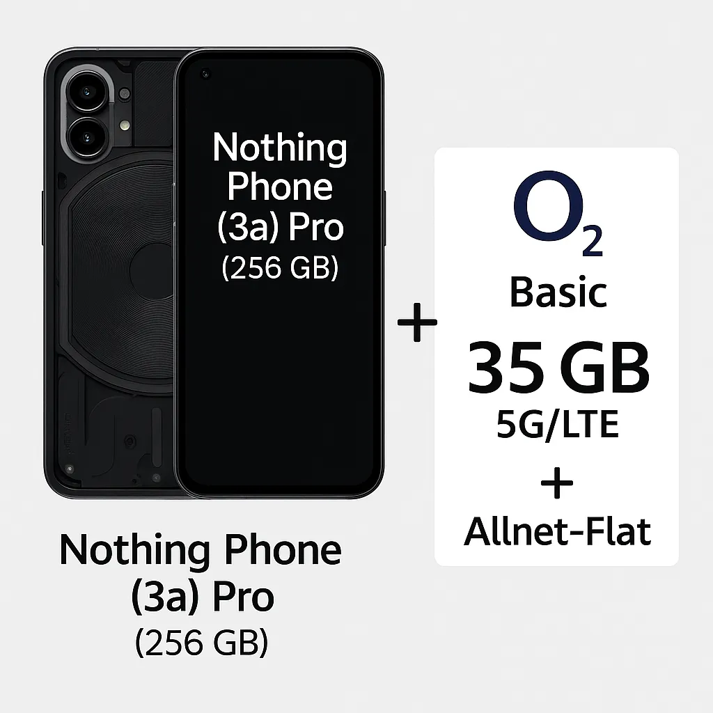 DEINHANDY: Nothing Phone (3a) Pro (256 GB) + o2 Basic 35 GB 5G/ LTE für 19,99 € / Monat + 51,93 € einmalig