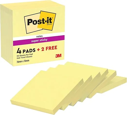 Post-it Super Sticky Notes (6 Blöcke 90 Blatt pro Block 76 mm x 76 mm Farbe: Gelb) ab 5,63 € inkl. Prime-Versand (statt 9,49 €)