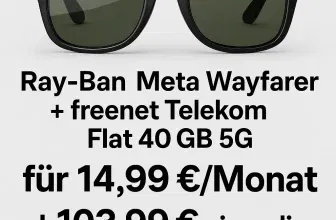 freenet: Ray-Ban Meta Wayfarer + freenet Telekom Flat 40 GB 5G + 50 GB Datendepot für 14,99 € / Monat + 103,99 € einmalig