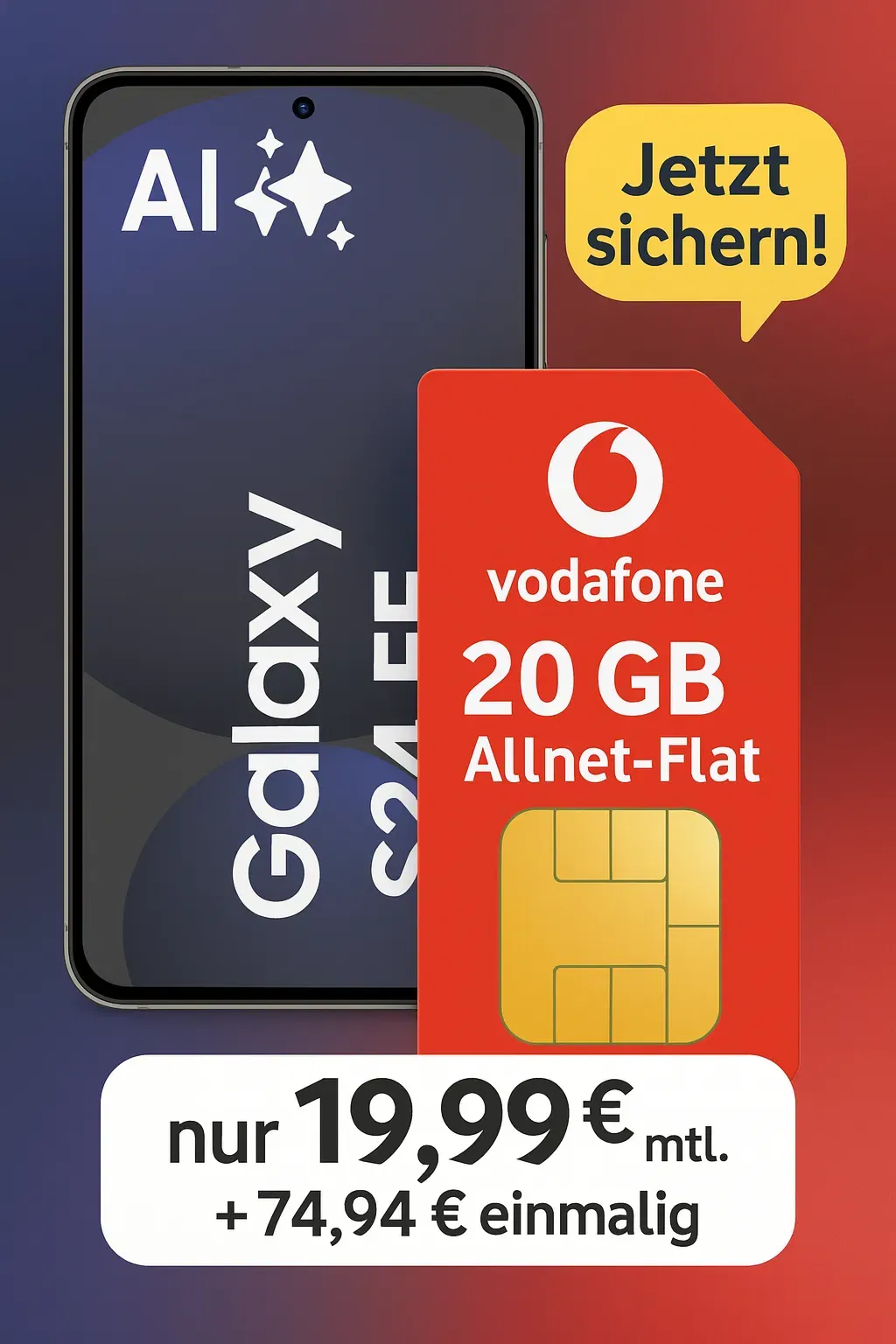 MediaMarkt Tarifwelt: Samsung Galaxy S24 FE (128 GB) + freenet Vodafone Allnet Flat 20GB 5G für 19,99 € / Monat + 74,94 € einmalig