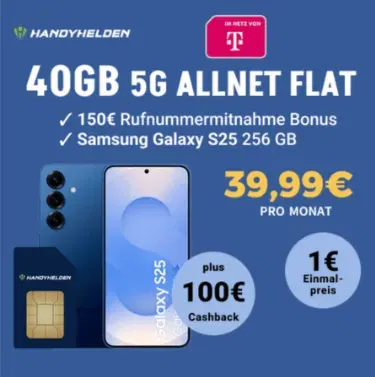 Samsung Galaxy S25 (256 GB) für 1€ + Telekom Allnet-Flat mit 40 GB für 39,99€