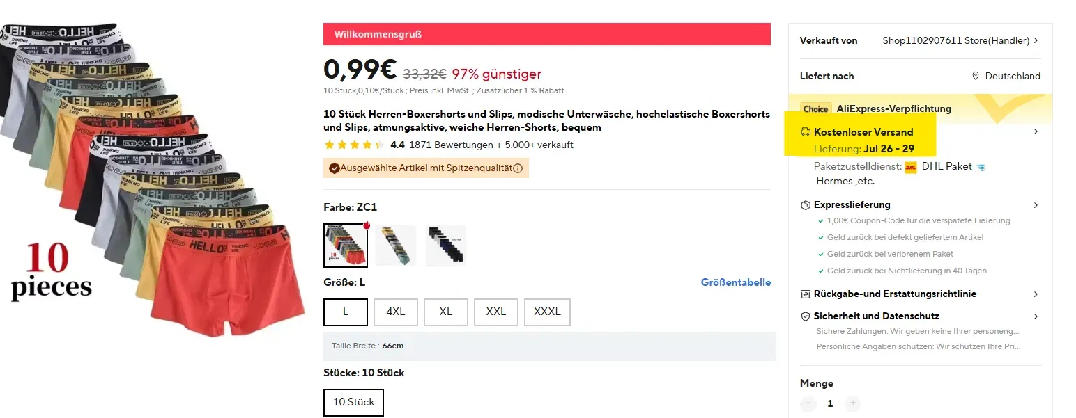 10 Herren-Boxershorts für 0,99€ inkl. Versand – Gr. L bis 4XL Neukunden bei AliExpress