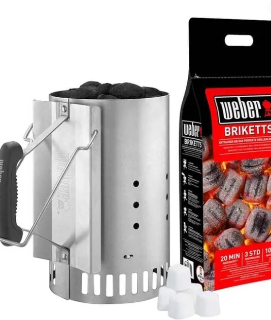 WEBER – 3-in-1 Anzünd-Set inkl. Anzündkamin „Rapidfire“ + 2 kg Briketts + 6 Anzündwürfel
