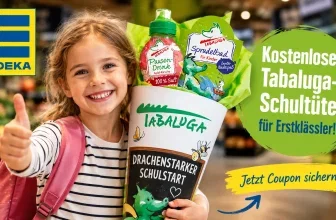 Erstklässlerin mit kostenloser Tabaluga-Schultüte bei Edeka