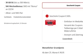Telekom Allnet 30GB LTE/5G für 29,95€ mtl. + 50€ Bonus + 600€ MediaMarkt Gutschein