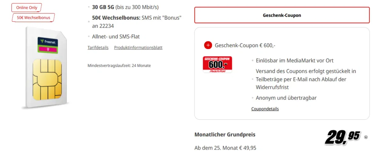 Telekom Allnet 30GB LTE/5G für 29,95€ mtl. + 50€ Bonus + 600€ MediaMarkt Gutschein