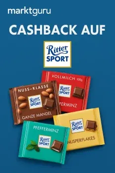 marktguru: 0,50 € Cashback auf Ritter Sport (effektiv verschiedene Sorten 100g für 0,79 € bei REWE)