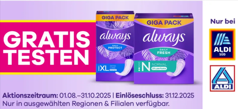 Always Slipeinlagen gratis testen – Jetzt 100 % Cashback [Aldi Nord oder Süd]
