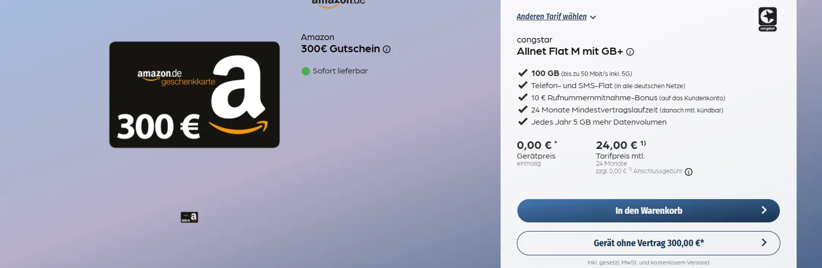 Starmobile SIM-Only Tarif: 100GB 5G + 300€ Amazon Gutschein für nur 24€/Monat