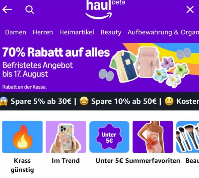 Amazon Haul: 70% auf alles im Warenkorb– nur in der App bis 17. August