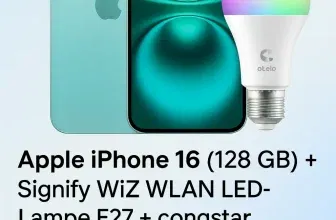 Starmobile: Apple iPhone 16 (128 GB) + Signify WiZ WLAN LED-Lampe E27 + congstar Allnet Flat S 25 GB 5G für 19,00 € / Monat + 384,90 € einmalig