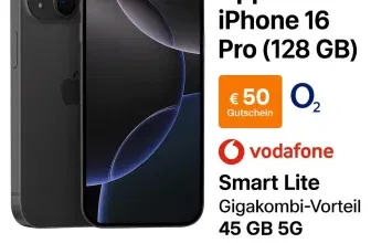 Schnäppchen, Deals und Rabattcodes des Tages: Apple iPhone 16 Pro 128 GB + 50 Euro Amazon Gutschein, Vodafone Smart Lite Gigakombi Vorteil 45 GB 5G