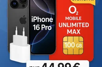 MediaMarkt Tarifwelt: Apple iPhone 16 Pro (128 GB) + Apple USB-C Power Adapter 20W + o2 Mobile Unlimited Max 100GB 5G für 44,99 € / Monat + 46,94 € einmalig