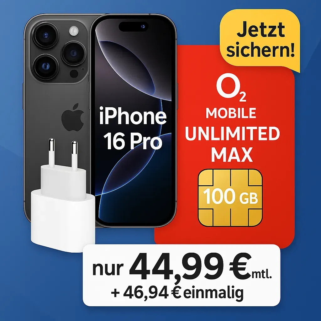 MediaMarkt Tarifwelt: Apple iPhone 16 Pro (128 GB) + Apple USB-C Power Adapter 20W + o2 Mobile Unlimited Max 100GB 5G für 44,99 € / Monat + 46,94 € einmalig
