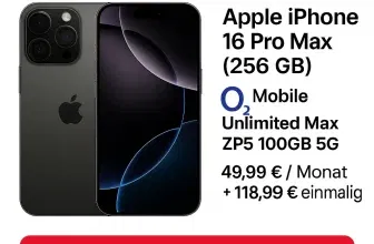 MediaMarkt Tarifwelt: Apple iPhone 16 Pro Max (256 GB) + o2 Mobile Unlimited Max ZP5 100GB 5G für 49,99 € / Monat + 118,99 € einmalig