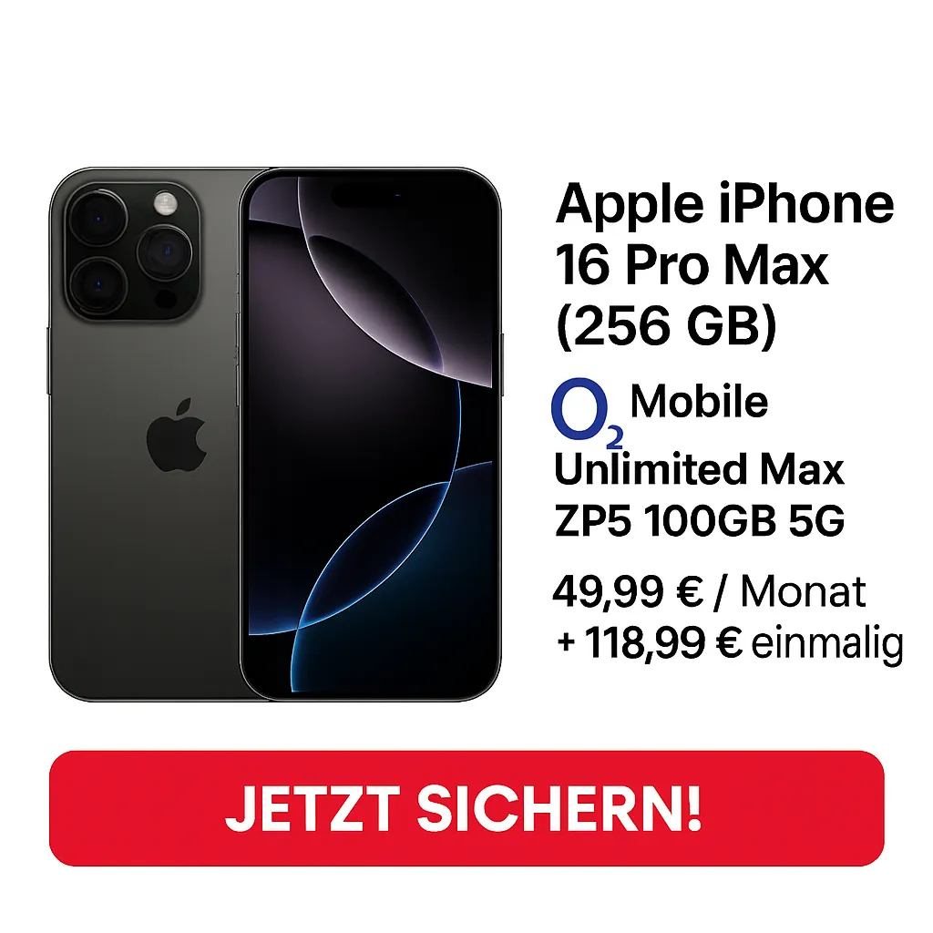 Apple iPhone 16 Pro Max 256 GB o2 Mobile Unlimited Max ZP5 100GB 5G Schnäppchen, Deals Und Rabattcodes Des Tages: Apple Iphone 16 Pro Max 256 Gb Mit O2 Mobile Unlimited Max Und 100Gb 5G