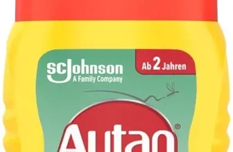 Ein gelbes und rotes Insektenschutz-Spray mit grünem und gelbem Etikett