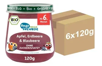 BABY FRECHE FREUNDE Bio Gläschen Apfel Erdbeere & Blaubeere (6 x 120 g - ab 6 Monaten) ab 4,44 € inkl. Prime-Versand (statt 7,14 €)