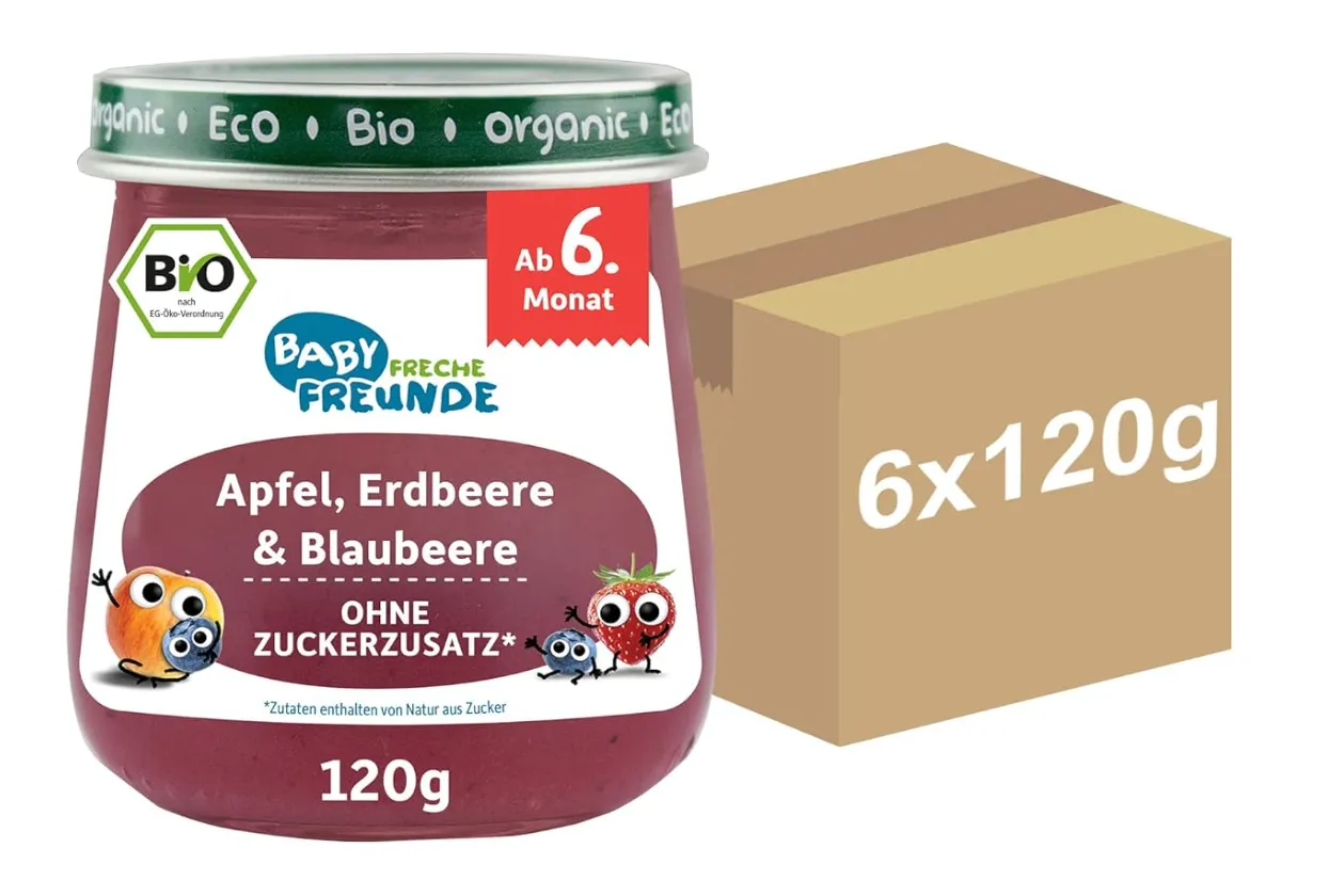 BABY FRECHE FREUNDE Bio Gläschen Apfel Erdbeere & Blaubeere (6 x 120 g – ab 6 Monaten) ab 4,44 € inkl. Prime-Versand (statt 7,14 €)