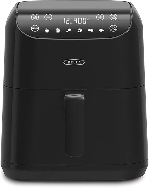 BELLA Digitaler Heißluftfritteuse mit 6 Litern Antihaft-Korb und Grillrost mit 6 Kochmodi Bis zu 200 °C Kapazität von 22 kg 1500W Schwarz für 31,29 € inkl. Prime-Versand (statt 38,76 €)