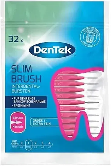 DenTek Slim Brush – Größe 1 – extra fein – für sehr enge Zahnzwischenräume – mit Minzgeschmack und hygienischer Schutzkappe 32 Stück Pink ab 3,19 € inkl. Prime-Versand (statt 3,99 €)