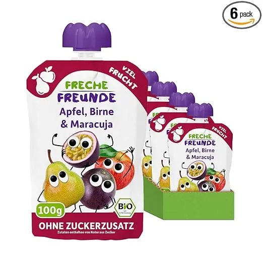 FRECHE FREUNDE Bio Quetschie Apfel, Birne und Passionsfrucht 6er Pack (6 x100 g)  ab 3,59 € inkl. Prime-Versand
