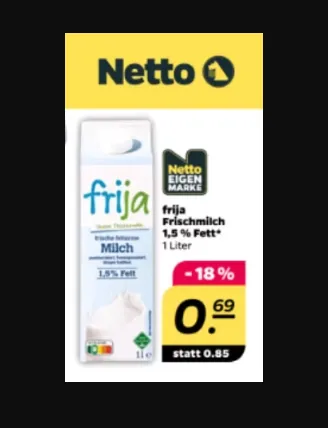 Netto mit Hund 🥛 Frija FrischMilch  1,5% Fett – 1 Liter für nur 0,69€