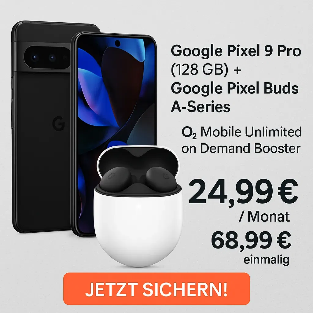 MediaMarkt Tarifwelt: Google Pixel 9 Pro (128 GB) + Google Pixel Buds A-Series + o2 Mobile Unlimited on Demand Booster für 24,99 € / Monat + 68,99 € einmalig