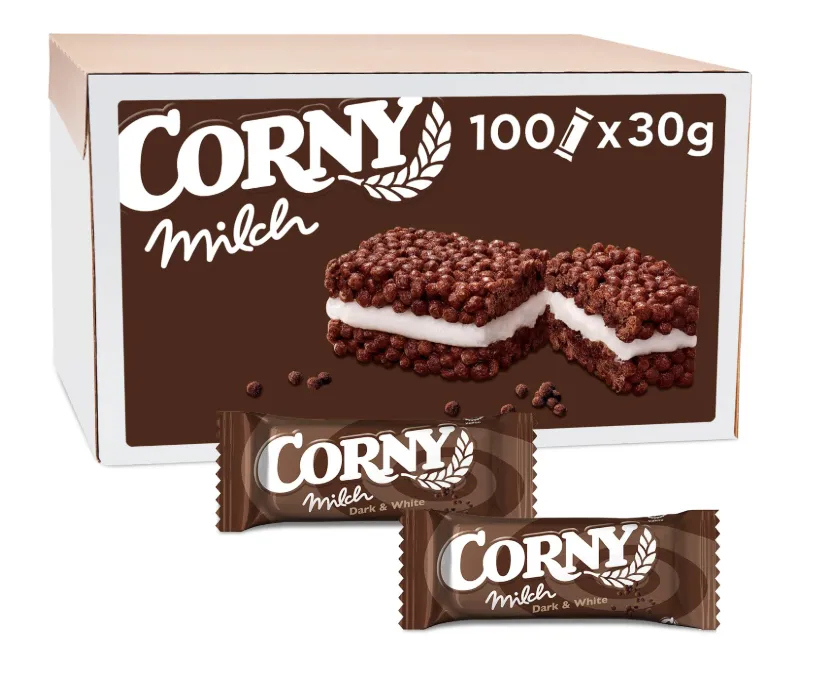 Müsliriegel Corny Milch Dark & White Milchsandwich (100 x 30 g 100er-Karton) ab 36,10 € inkl. Prime-Versand (statt 57,25 €)