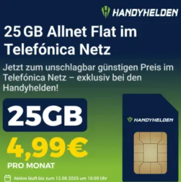 Handyhelden 25 GB Allnet SMS Flat im Telefonica Netz fuer 4 99E mtl 9 99E Anschlusspreis 08 05 2025 11 55 AM Schnäppchen, Deals Und Rabattcodes Des Tages - Handyhelden 25 Gb Allnet Sms Flat Im Telefonica Netz Für 4,99€ Mtl. 9,99€ Anschlusspreis