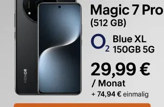 MediaMarkt Tarifwelt: Honor Magic 7 Pro (512 GB) + o2 Blue XL 150GB 5G für 29,99 € / Monat + 74,94 € einmalig