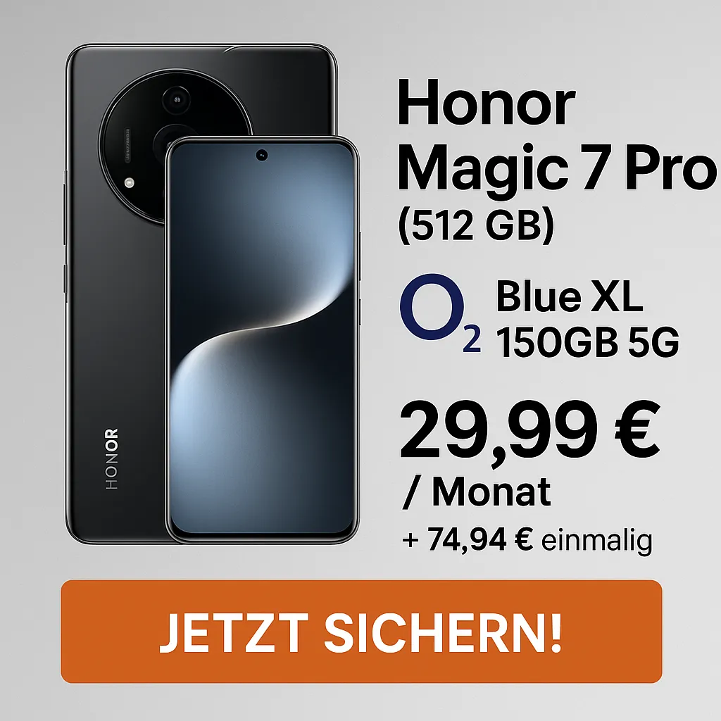 MediaMarkt Tarifwelt: Honor Magic 7 Pro (512 GB) + o2 Blue XL 150GB 5G für 29,99 € / Monat + 74,94 € einmalig
