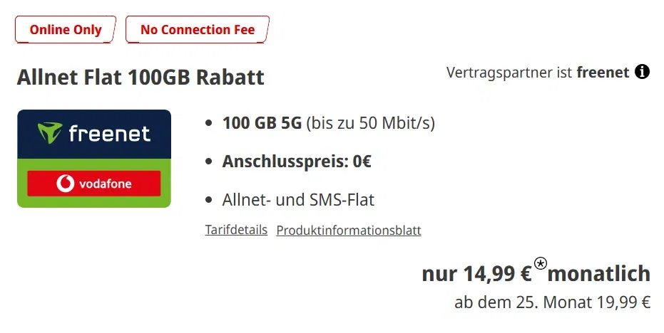 Vodafone Allnet-Flat mit 100GB 5G effektiv für nur 10,82€ monatlich