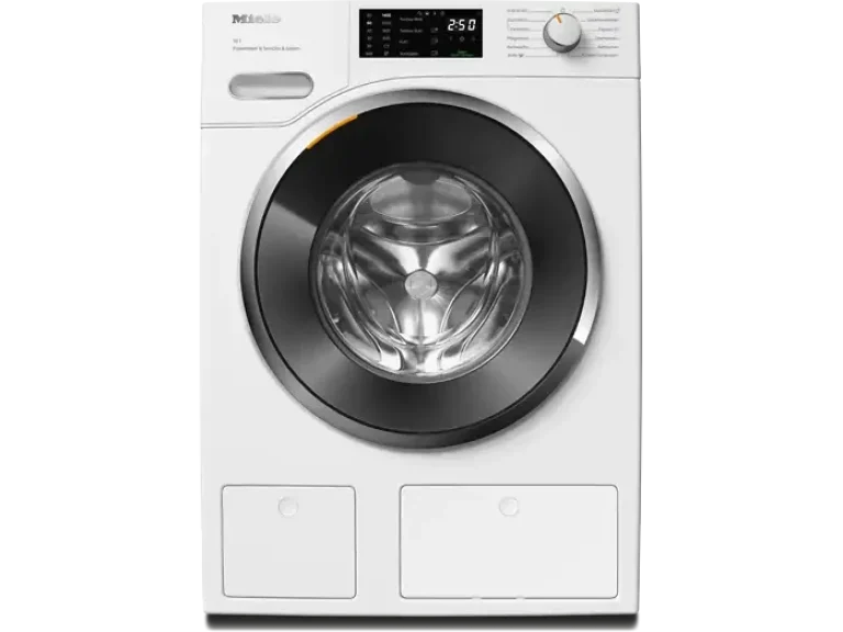 Vollansicht der weißen Miele W1 Waschmaschine mit Frontlader und schwarzer Tür