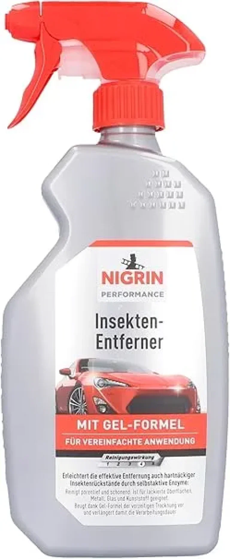 Eine weiße Sprühflasche mit rotem Sprühkopf und Etikett, das einen roten Wagen zeigt.