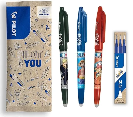 PILOT Frixion Ball x ONE PIECE + 1 Set mit 3 blauen Minen + 4 Sticker (Limitierte Auflage One Piece –  Schwarz Blau Rot) für 10,69 € inkl. Prime-Versand (statt 14,99 €)
