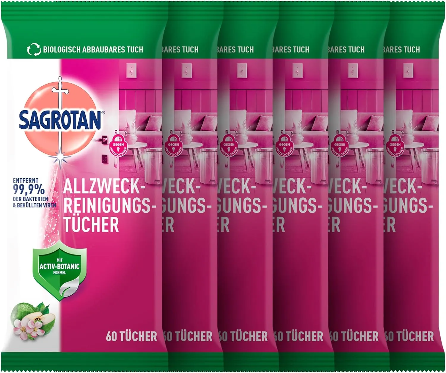 Sagrotan Allzweck-Reinigungstücher Granatapfel & Limette 6er Pack (6 x 60 Stück)