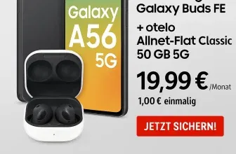 Logitel: Samsung Galaxy A56 5G (128 GB) + Samsung Galaxy Buds FE + otelo Allnet-flat Classic 50 GB 5G für 19,99 € / Monat + 1,00 € einmalig