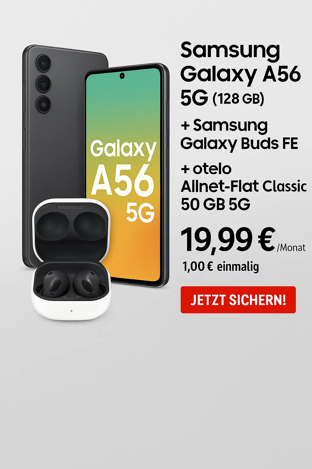 Logitel: Samsung Galaxy A56 5G (128 GB) + Samsung Galaxy Buds FE + otelo Allnet-flat Classic 50 GB 5G für 19,99 € / Monat + 1,00 € einmalig