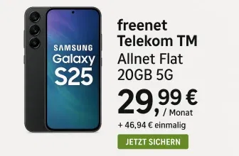 MediaMarkt Tarifwelt: Samsung Galaxy S25 (128 GB) + freenet Telekom TM Allnet Flat 20GB 5G für 29,99 € / Monat + 46,94 € einmalig