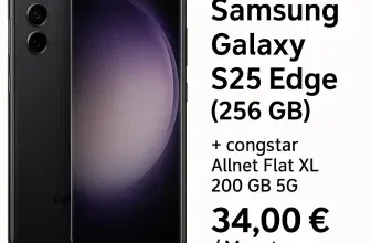 Starmobile: Samsung Galaxy S25 Edge (256 GB) + Signify WiZ WLAN LED-Lampe E27 + congstar Allnet Flat XL 200 GB 5G für 34,00 € / Monat + 74,90 € einmalig