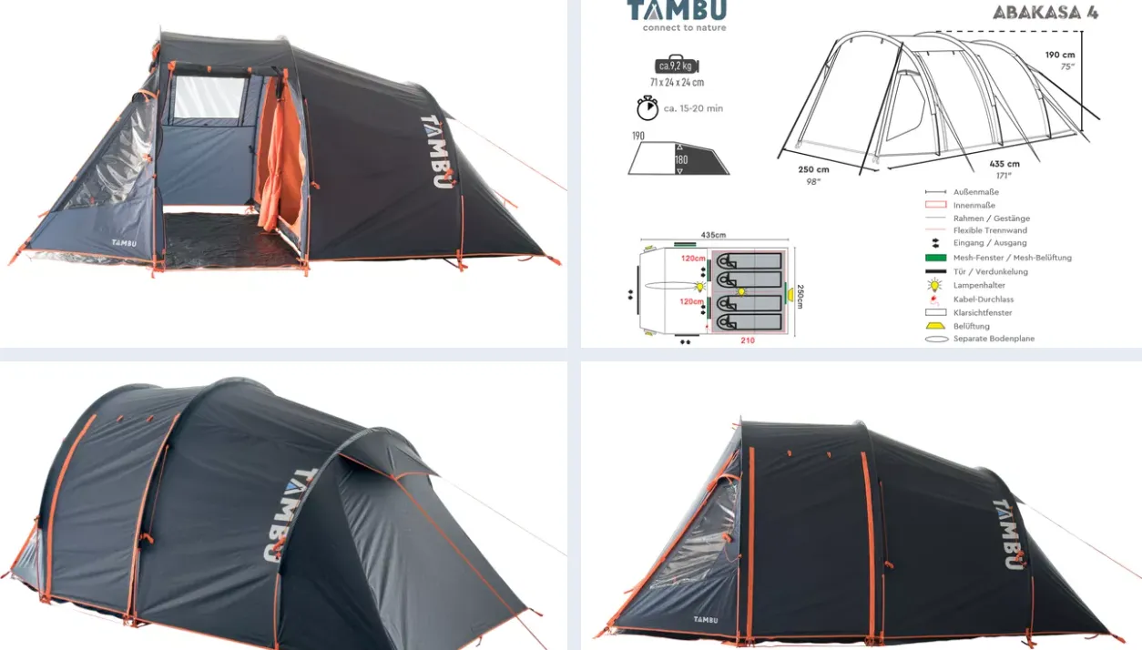 Tambu Tunnelzelt Tambu Abakasa (4 Personen Camping Zelt mit Vorzelt) für 103,99 € inkl. Versand (statt 279,00 €)