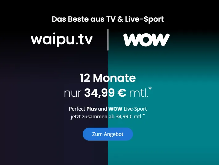 1 Jahr Bundesliga & Live-Sport mit waipu tv + WOW für nur 34,99€ mtl. – statt 50€!