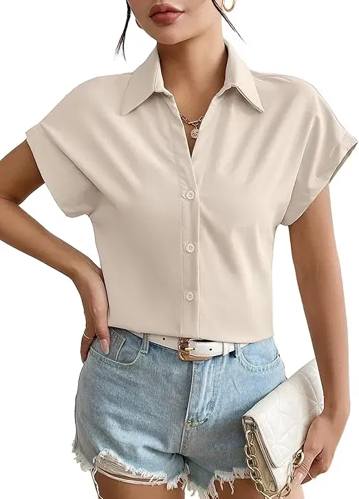 Weardear Damen Kurzarm Bluse Casual Elegant mit V-Ausschnitt Slim Fit (5 Farben, Gr.  S bis XXL) für 8,99 € inkl. Prime-Versand (statt 17,99 €)