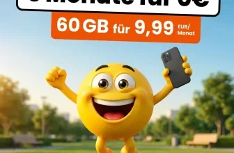 Gelber Smiley mit Smartphone im Park, Text: 3 Monate für 0€, 60 GB für 9,99 EUR/Monat